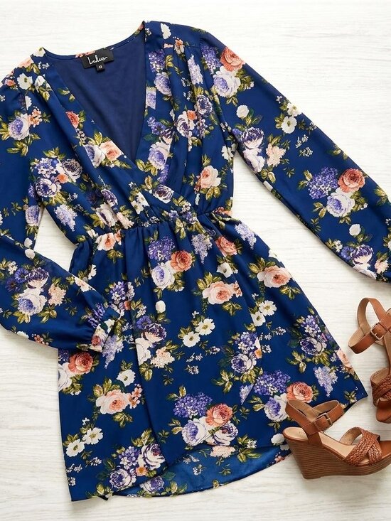 Lulus Dresses & Skirts - Lulus Navy Blue Floral Long Sleeve Faux Wrap Tulip Hem Mini Dress M